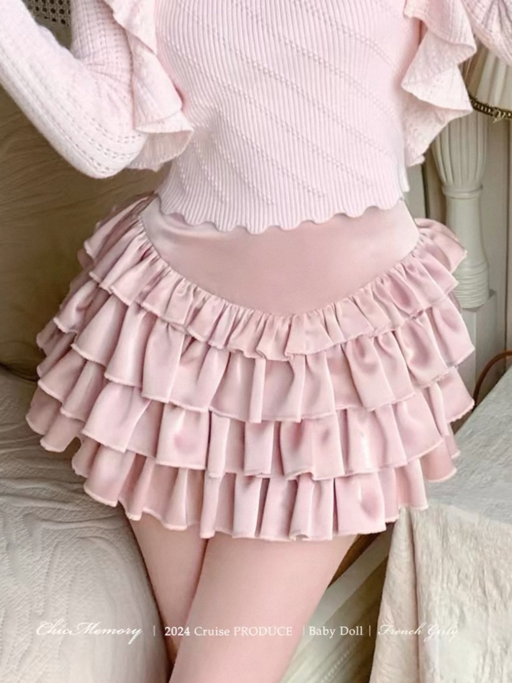 Japanese Kawaii Y2K Cottagecore Silky Dusty Pink Layered Ruffle Mini Skirt Skort